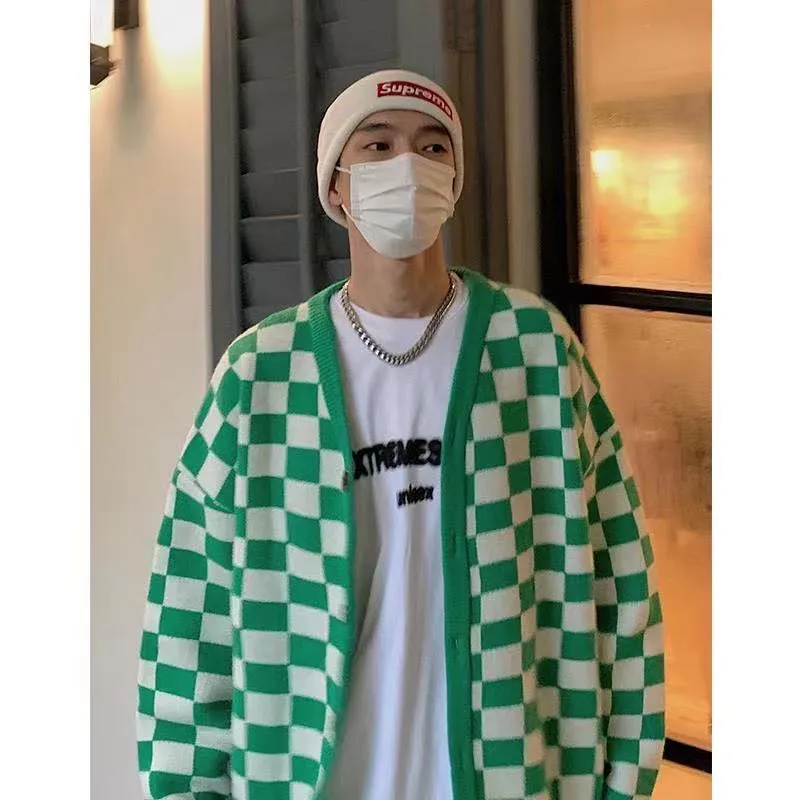 Aidase Men's Long Sleeve Cardigan Lattice Printing Wool Sweater College Style Loose Knitting Casual Couple Clothes Coats M-2XL
