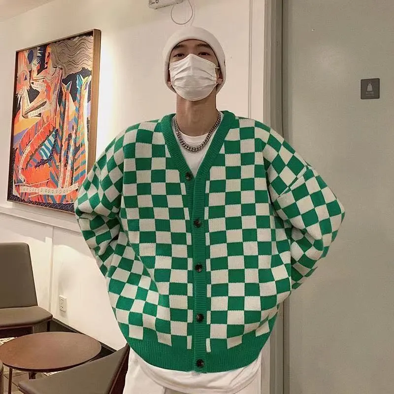 Aidase Men's Long Sleeve Cardigan Lattice Printing Wool Sweater College Style Loose Knitting Casual Couple Clothes Coats M-2XL