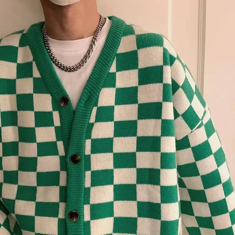 Aidase Men's Long Sleeve Cardigan Lattice Printing Wool Sweater College Style Loose Knitting Casual Couple Clothes Coats M-2XL