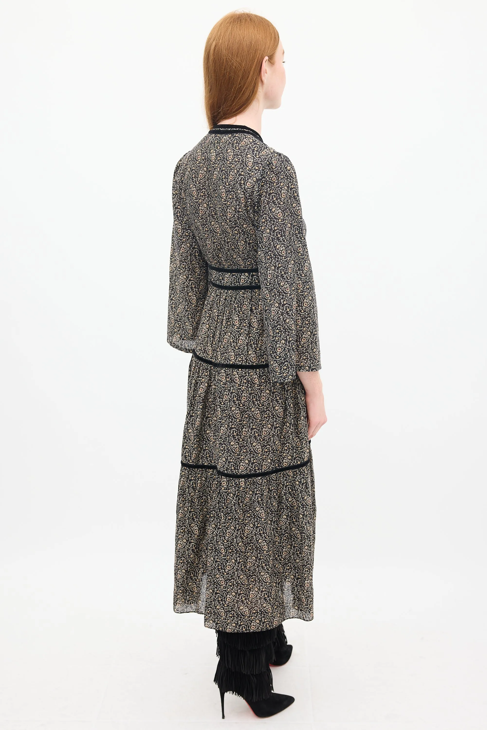 Black & Beige Cotton Floral Tiered Midi Dress