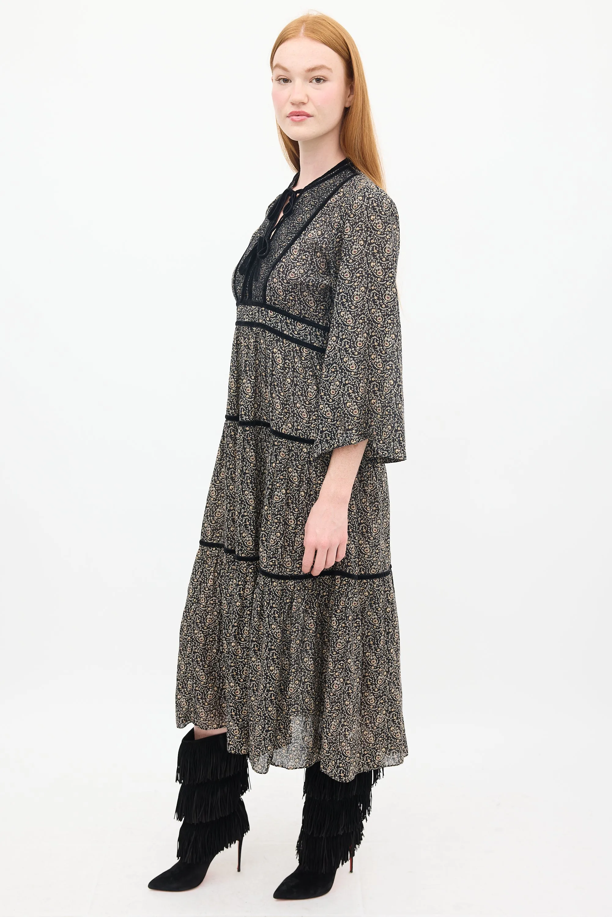Black & Beige Cotton Floral Tiered Midi Dress