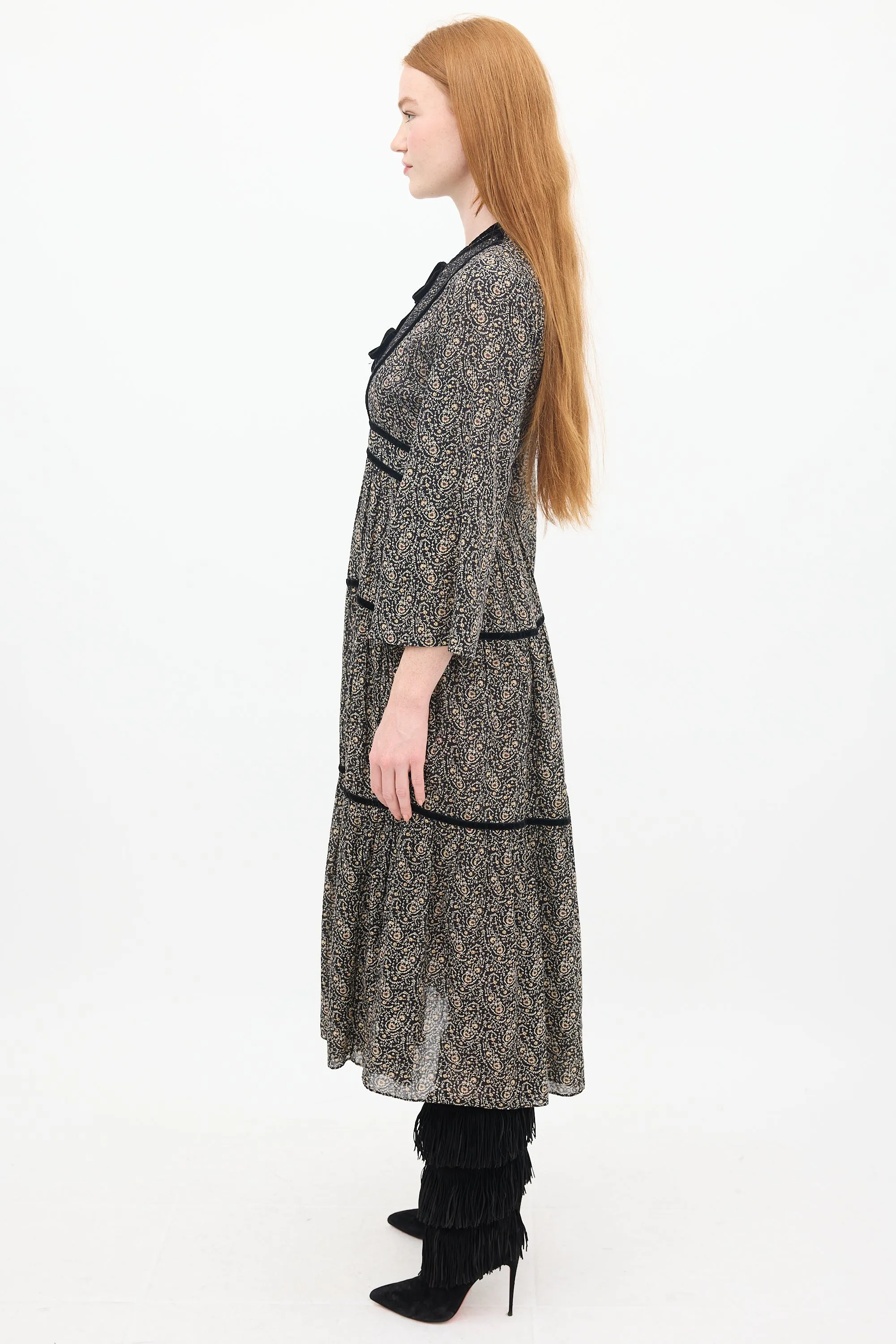 Black & Beige Cotton Floral Tiered Midi Dress