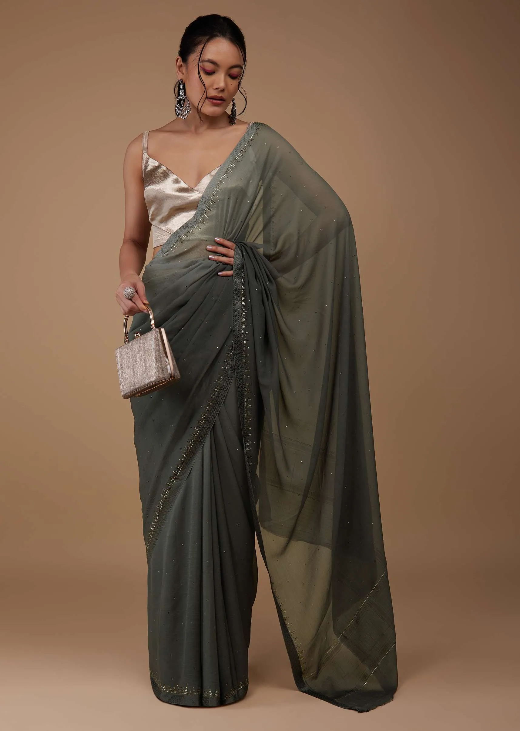 Iron Grey Chiffon Saree With Swarovski Stone Embellishments And Satin Border