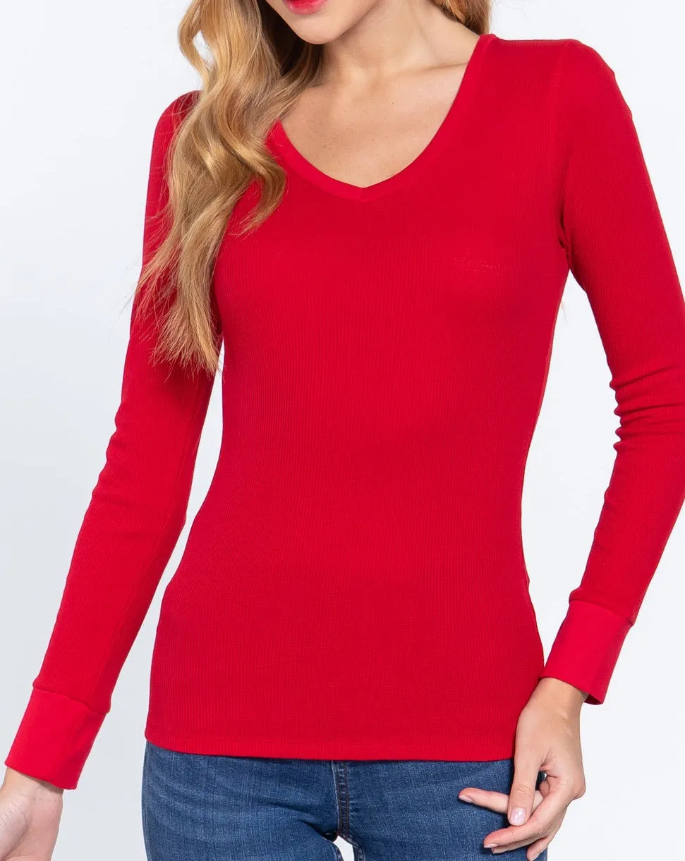 Long Slv V-neck Thermal Top red
