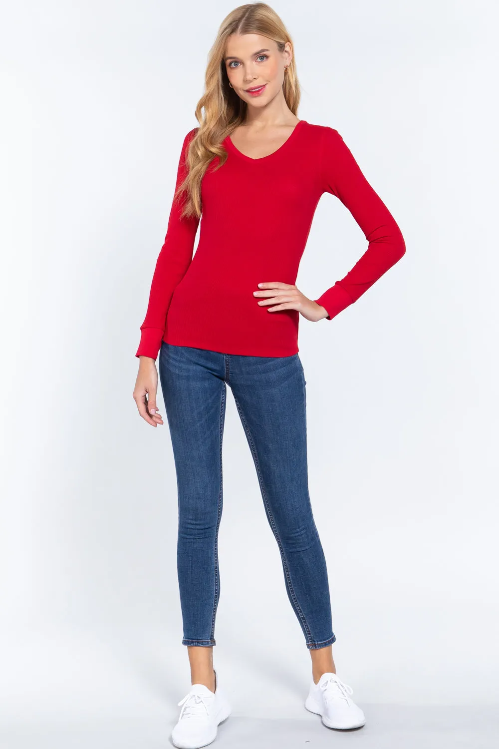 Long Slv V-neck Thermal Top red