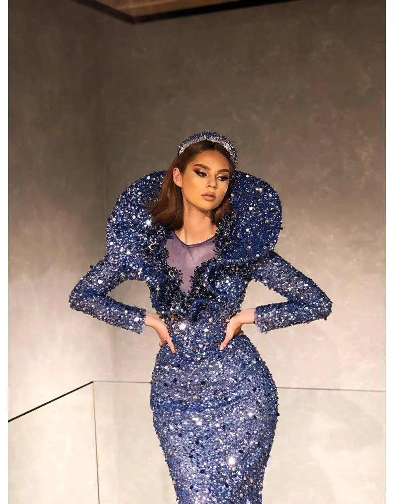 Luxury Blue Beaded Shiny Evening Gown