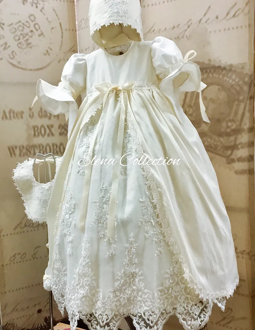 Silk & Beaded Lace Heirloom Christening —-Unisex Gown & Bonnet -Jensen