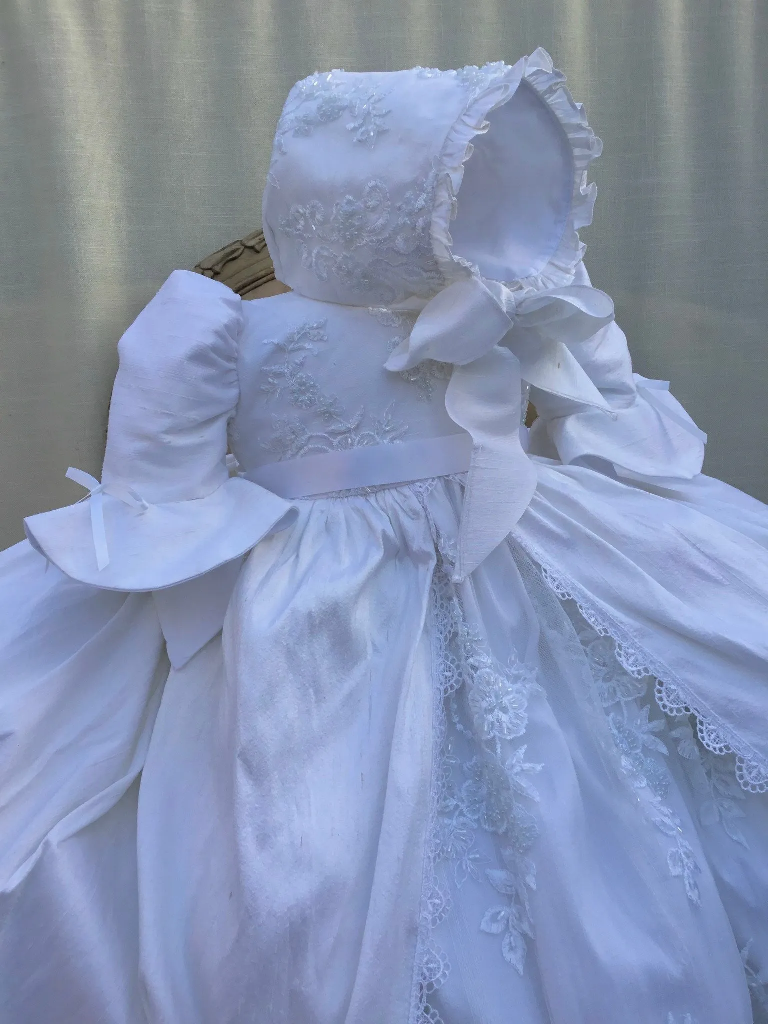 Silk & Beaded Lace Heirloom Christening —-Unisex Gown & Bonnet -Jensen