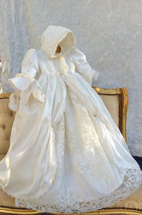 Silk & Beaded Lace Heirloom Christening —-Unisex Gown & Bonnet -Jensen