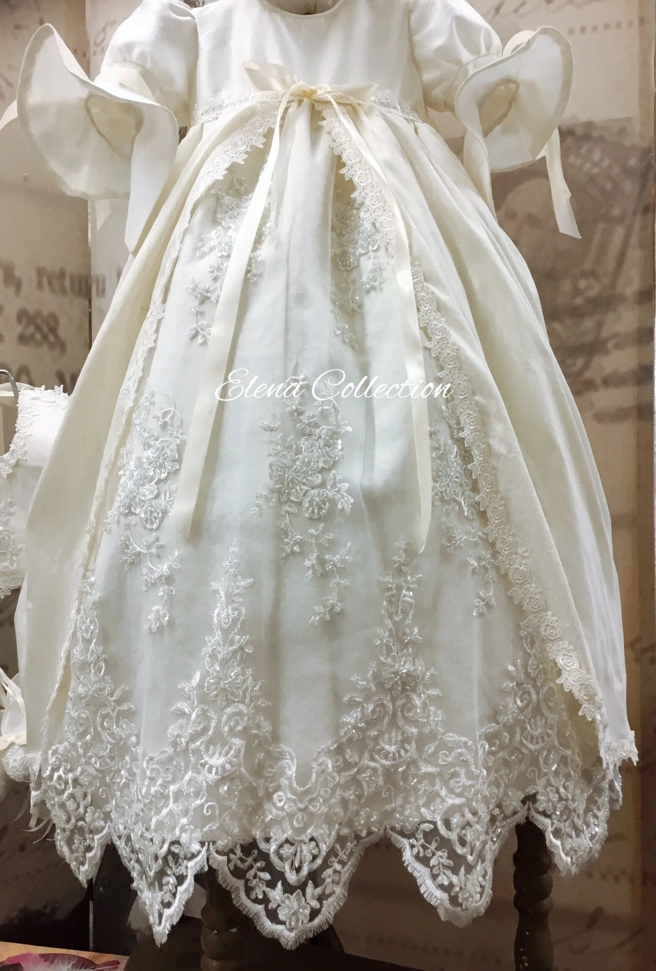 Silk & Beaded Lace Heirloom Christening —-Unisex Gown & Bonnet -Jensen