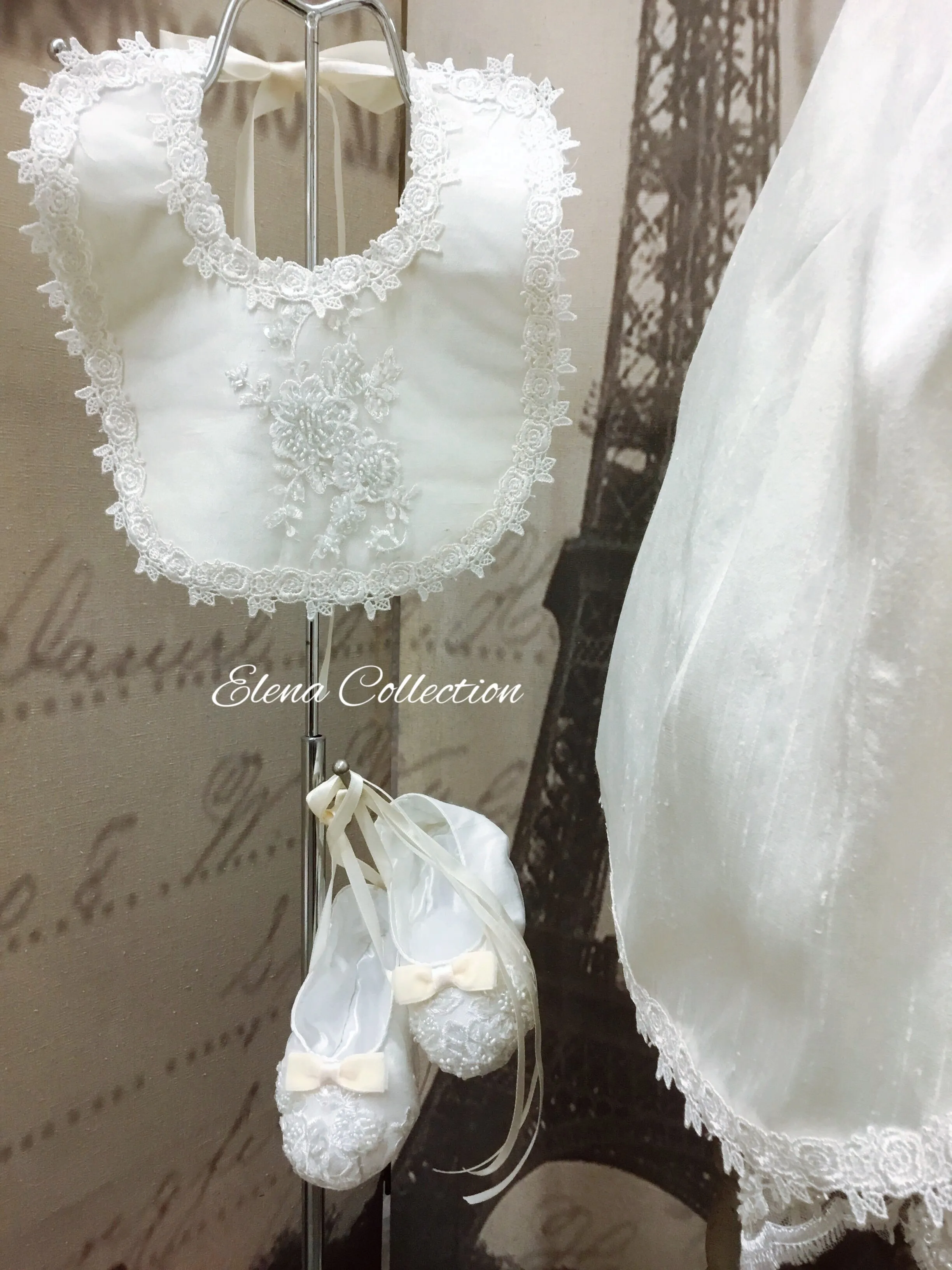 Silk & Beaded Lace Heirloom Christening —-Unisex Gown & Bonnet -Jensen