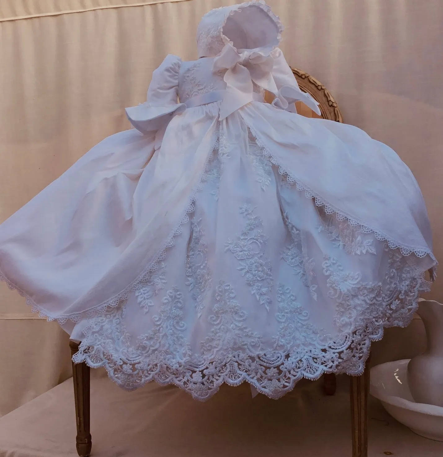 Silk & Beaded Lace Heirloom Christening —-Unisex Gown & Bonnet -Jensen