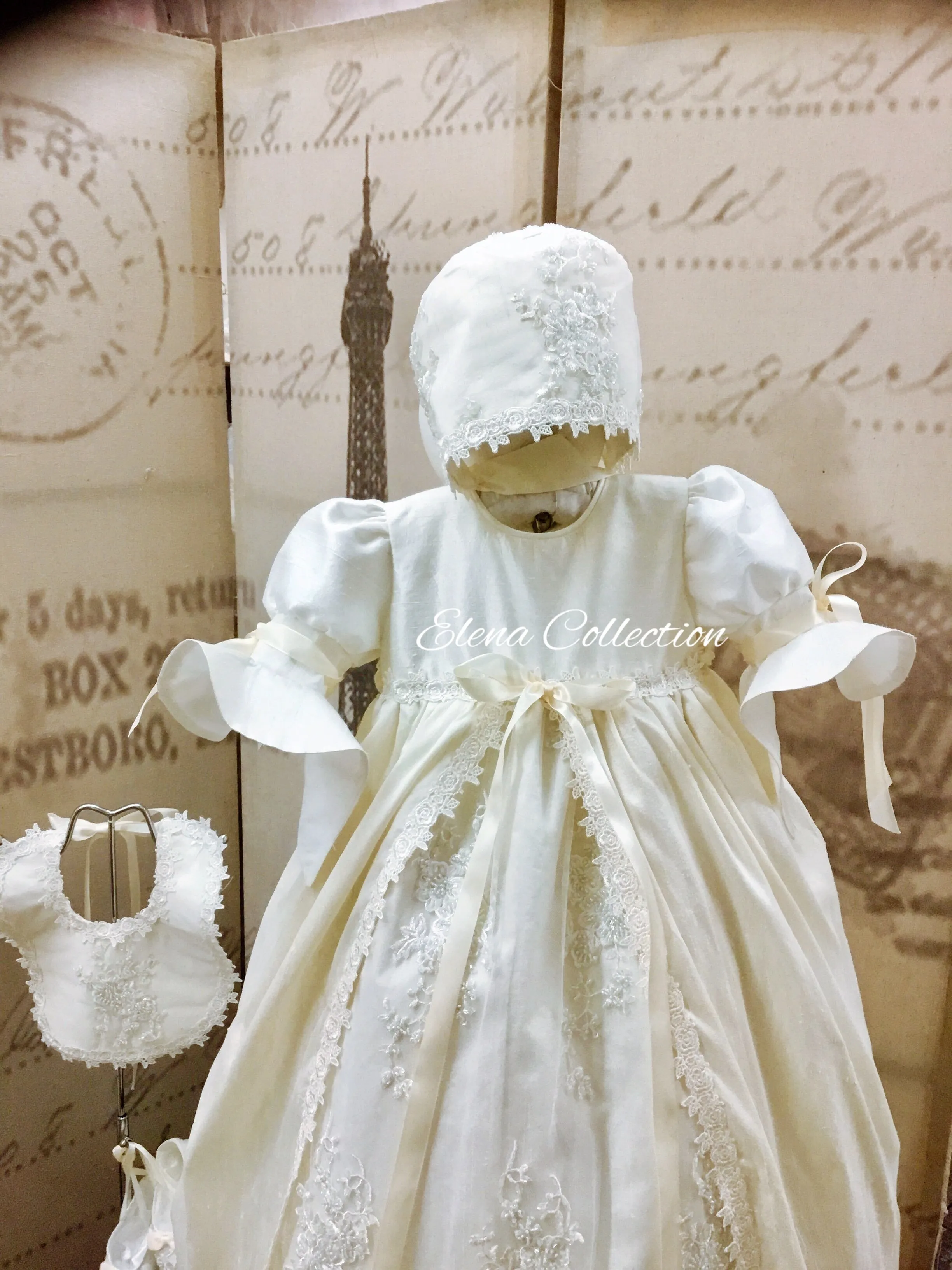Silk & Beaded Lace Heirloom Christening —-Unisex Gown & Bonnet -Jensen