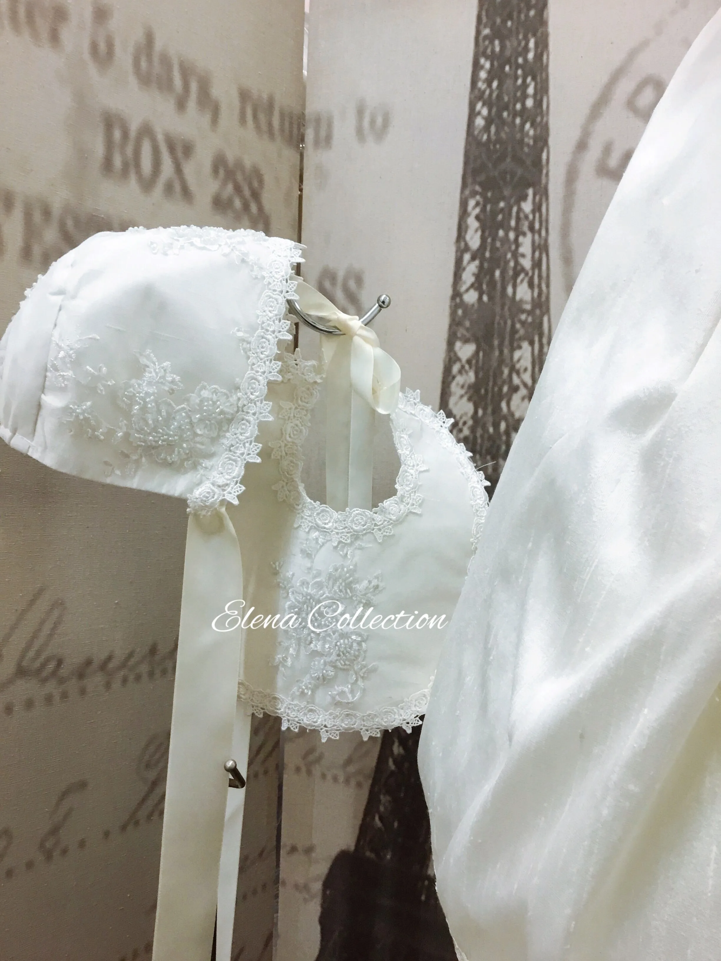 Silk & Beaded Lace Heirloom Christening —-Unisex Gown & Bonnet -Jensen