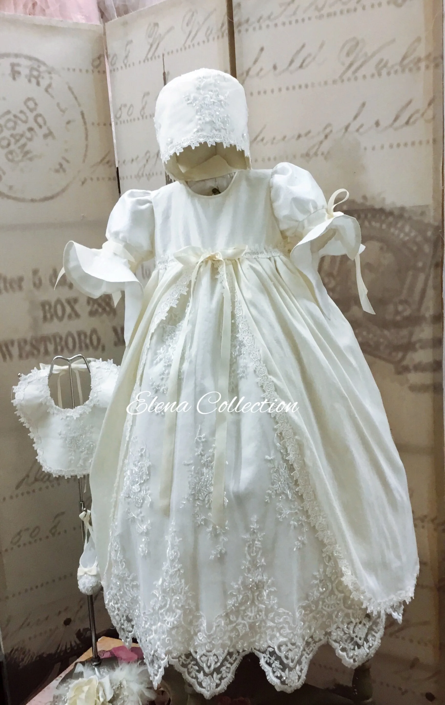 Silk & Beaded Lace Heirloom Christening —-Unisex Gown & Bonnet -Jensen
