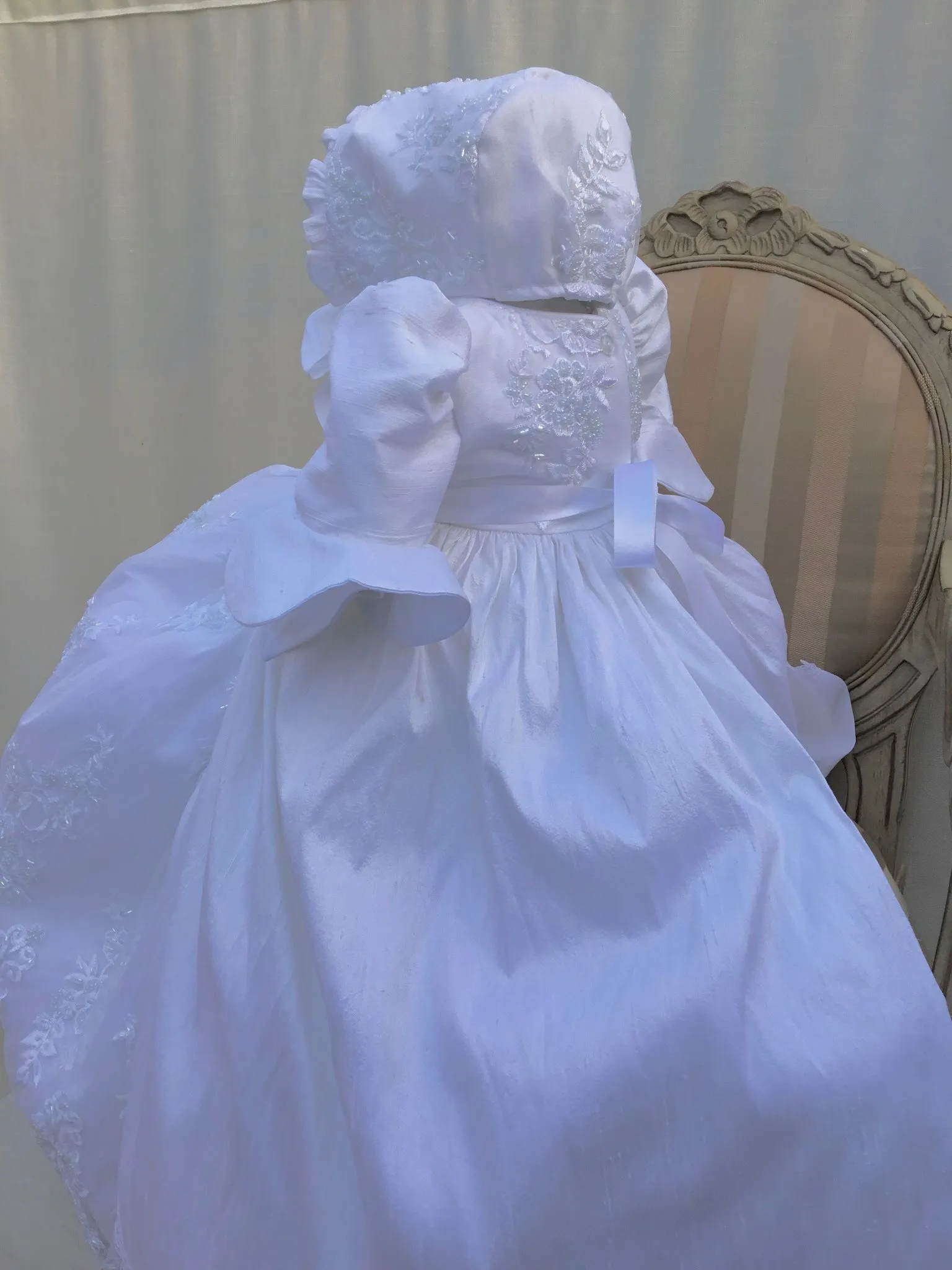 Silk & Beaded Lace Heirloom Christening —-Unisex Gown & Bonnet -Jensen